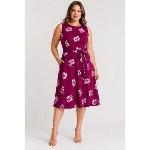 Lauren Ralph Lauren Felia Knit Dress Magenta Floral Belted Fit & Flare Size 16
